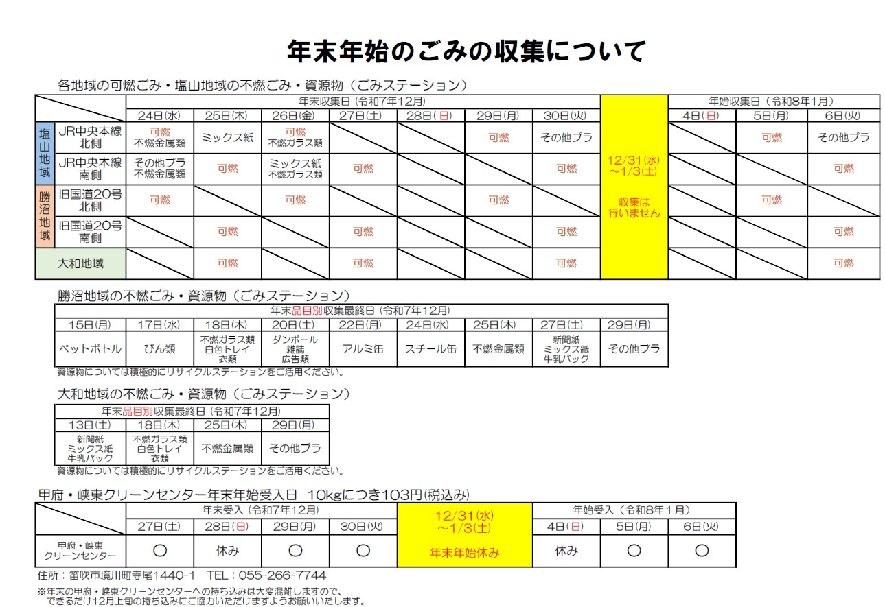 年末年始のごみの収集について